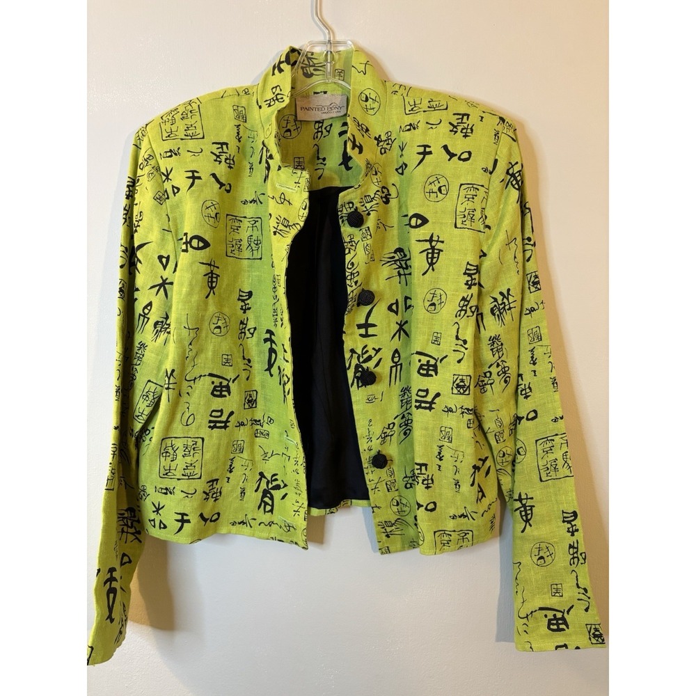VTG PAINTED PONY Bright Green Linen Asian Style Jacket M Art To Wear Artsy